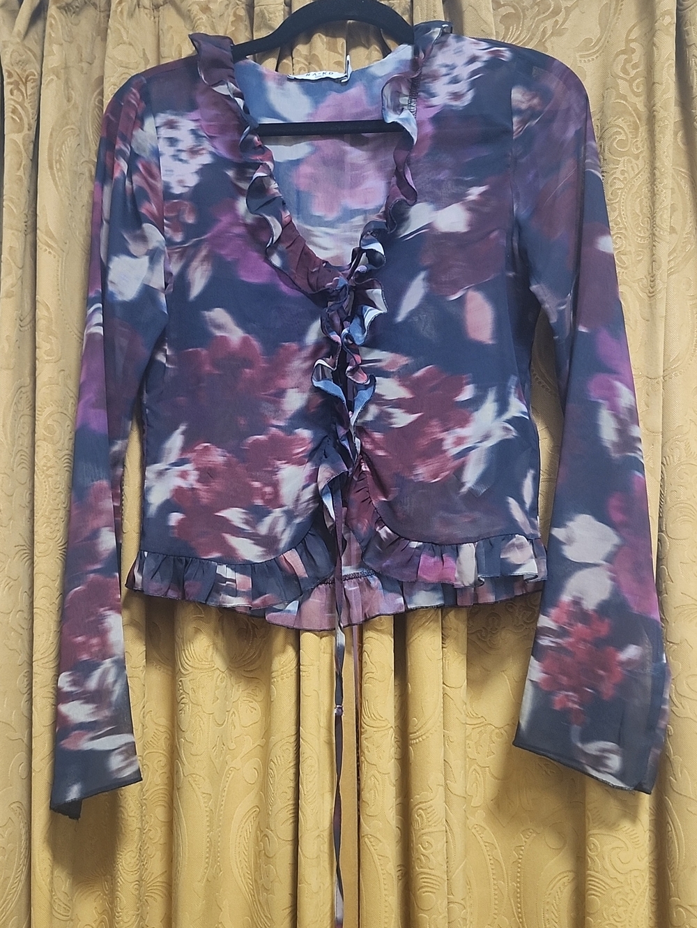 Size 34/2 Sheer Floral Ruffle Tie-Front Long Sleeve Top - Purple Multi NA-KD